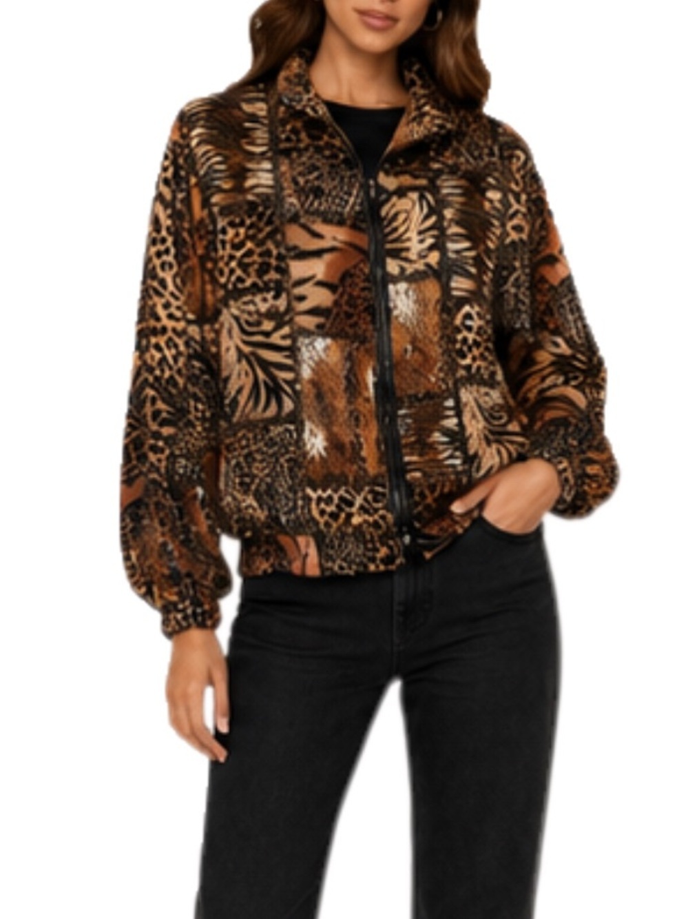 Erin London Vintage Black Tan Savannah Patchwork Zip Front Blazer Jacket Size L